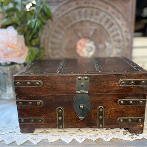 Vintage wood box wrought iron handles decorative storage